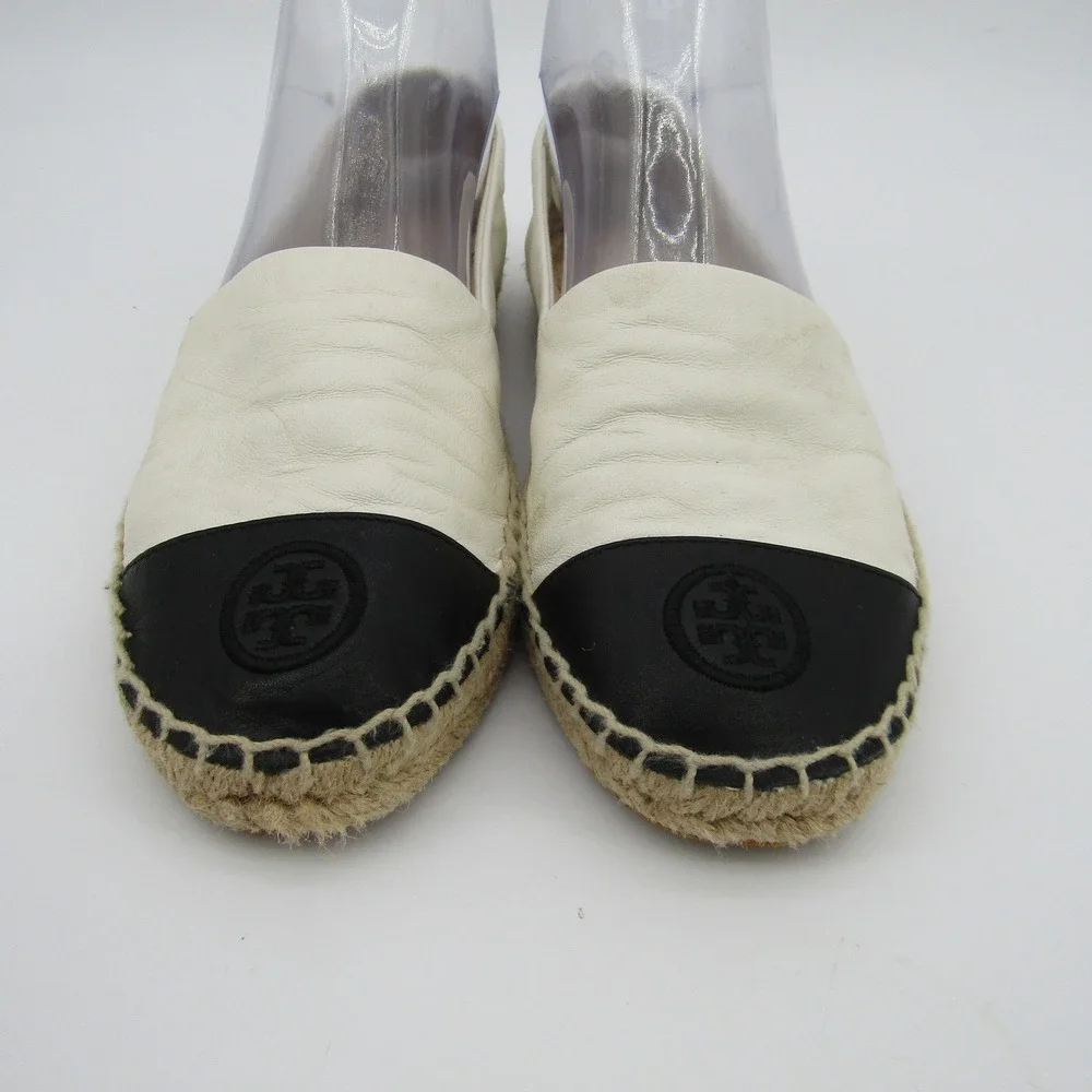 Tory Burch Womens Leather Cap Toe Espadrille Flats Cream Black Logo 8M 51158649